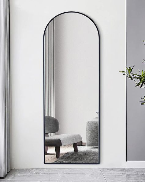 Big Size Mirror Bedrooms, Black Arched Full Length Mirror, Long Mirror Black, Full Length Arch Mirror In Bedroom, Black Stand Mirror, Hallway Floor Mirror, Full Lenght Mirror Wall, Floor Length Arched Mirror, Mounted Mirror Bedroom