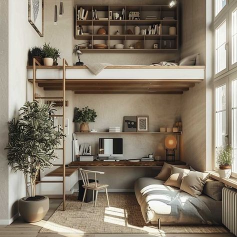 21+ Small Loft Bedroom Ideas That Make Every Inch Count • 333+ Images • [ArtFacade] Loft Bed For Studio Apartments, Small Apartment With Loft, Small Loft Bed Ideas, Mezzanine Bedroom Small Loft Ideas, Small Room High Ceiling, Loft Bedroom Ideas For Small Rooms, Loft Bed Living Room, Studio Apartment Loft Bed, Small Loft Interior