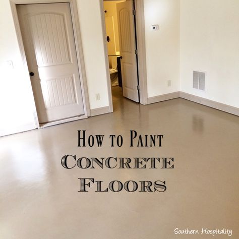 How To Paint a Concrete Floor - Southern Hospitality Painting Interior Concrete Floors, Painting Cement Basement Floors, Basement Cement Floor Ideas Paint Concrete, Sealed Concrete Basement Floor, Gray Painted Concrete Floors, Painted Concrete Bedroom Floor, How To Finish Concrete Floors, Painting Floors Concrete, Painted Concert Floors Ideas