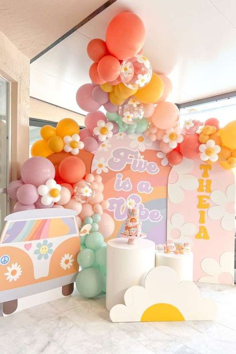 Check out this groovy retro birthday party! The dessert table is wonderful!! See more party ideas and share yours at CatchMyParty.com Daisy Balloon Garland, Hippie Birthday Party, Retro Baby Showers, Flower Birthday Party, 1st Birthday Girl Decorations, Hippie Birthday, Daisy Party, Baby Shower Vintage, 1st Birthday Party Themes