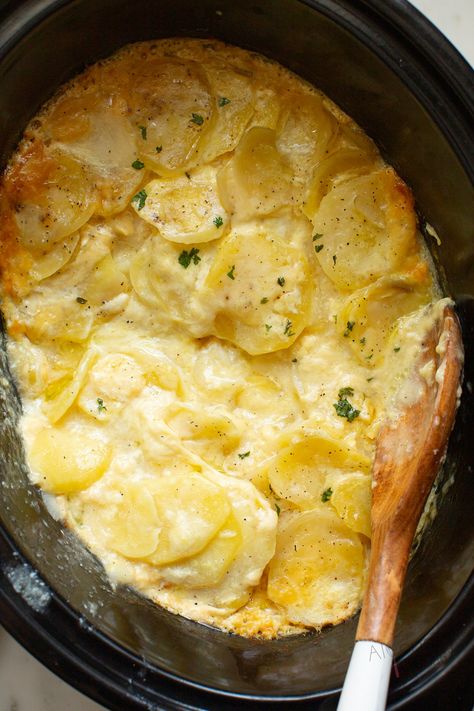 Easy, creamy scalloped potatoes from scratch with simple ingredients. Cook this potato casserole slowly in the crock pot until, creamy, tender, golden, and bubbly. Potato perfection! #alyonascooking easyrecipe #scallopedpotatoes #potatorecipe #creamypotatoes #sidedish #easysidedish #festiveside #Thanksgiving #noroux #casserole #crockpot Crock Pot Scalloped Potatoes, Crockpot Scalloped Potatoes, Potato Recipes Crockpot, Easy Cheesy Scalloped Potatoes, Cheese Scalloped Potatoes, Scalloped Potatoes Crockpot, Slow Cooker Scalloped Potatoes, Homemade Scalloped Potatoes, Creamy Scalloped Potatoes