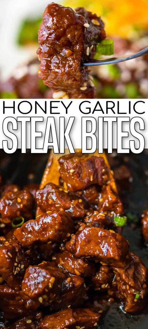 Recipes For Steak Tips, Beef Tip Steak Recipes, Sticky Steak Bites, Tri Tip Steak Bites, Steak Bite Recipes For Dinner, Easy Steak Meals For Dinner, Honey Garlic Steak Bites Recipes, Beef Stew Steak Bites, Sweet Beef Recipes