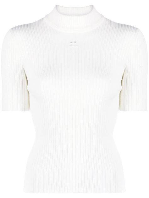 short-sleeve ribbed-knit top from COURRÈGES featuring white, ribbed knit, funnel neck and short sleeves.Gender: WomenMaterial: VISCOSE 70% POLYESTER 30%Color: WhiteMade in: BGProduct ID: PERMPU026FI0001 0001*Import tax/duty will be calculated at checkout (If applicable) Carrie Bradshaw, White Turtleneck Short Sleeve, White Turtleneck, Sweater Vest Women, Knitted Tops, Ribbed Knit Top, Knit Turtleneck Sweater, Sleek Fashion, Knitted Tshirt