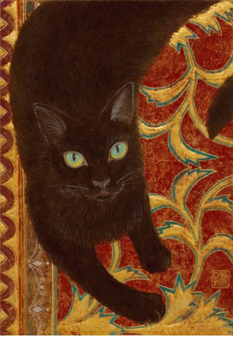 Black Cat (2021) by Japanese artist Yuko Nakamura. Mineral pigments, water-dried pigments, ink, glue, foil, kirikane on Kumohada hemp paper A Black Cat, A Black, Black Cat, Rug, Red, Gold, Blue, Black