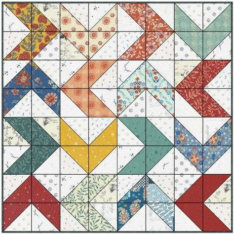 Free Patterns of QUILTING | This graphic inspires me a lot, what a beautiful pattern | Facebook Scrappy Chevron Quilt, Hst Scrap Quilt, Scrappy Hst Quilt Patterns, Art Gallery Fabrics Quilt Free Pattern, Hst Quilt Patterns Free, Half Hexie Quilt Pattern, Half Square Triangle Quilts Ideas Layout, Jewel Box Quilt Pattern Free, Scrappy Quilt Blocks