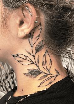 Trendy Neck Tattoos, Behind Ear And Neck Tattoo, Flower Side Neck Tattoo, Simple Back Of Neck Tattoo, Women’s Neck Tattoo Ideas, Women Side Neck Tattoo, Plant Neck Tattoo, Botanical Neck Tattoo, Neck Tattoo Cover Up For Women