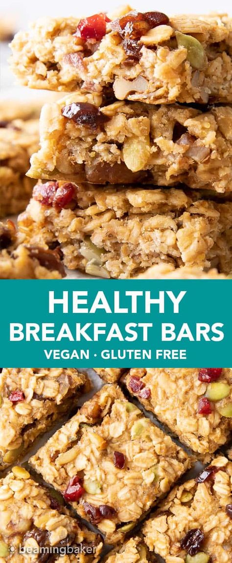 Healthy Breakfast Bars Recipe - Beaming Baker Breakfast Bar Healthy, Vegan Oat Breakfast Bars, Paleo Breakfast Bars Easy, Clean Breakfast Bars, Rolled Oats Breakfast Bars, Baked Oatmeal Bars Healthy Breakfast Recipes, Oat Bars Recipe No Bake, Dairy Free Oatmeal Bars, Clean Oatmeal Bars