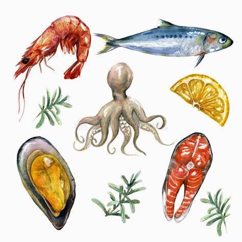 Sea Food Drawing, Seafood Watercolor, Sea Food Illustration, Pho Illustration, Seafood Drawing, Seafood Background, Watercolors Ideas, Ariel Shirt, Watercolor Stationary