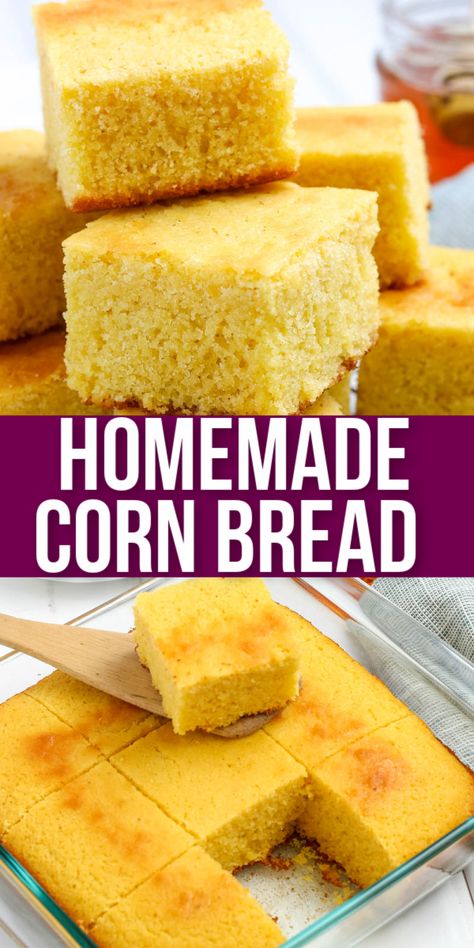 With just 8 simple ingredients and a short baking time of fewer than 30 minutes, you’ll be diving into this easy cornmeal recipe and loving every single bite.  When you’re craving that simple southern flavor, this made-from-scratch cornbread recipe is waiting for you to bake. Homemade Cornbread Sweet, Easy Homemade Cornbread Recipe, Corn Meal Cornbread Easy, Not Sweet Cornbread Recipe, Non Sweet Cornbread Recipe, Easy Cornmeal Recipes, Best Ever Cornbread Recipe, Country Cornbread Recipe, How To Make Southern Cornbread