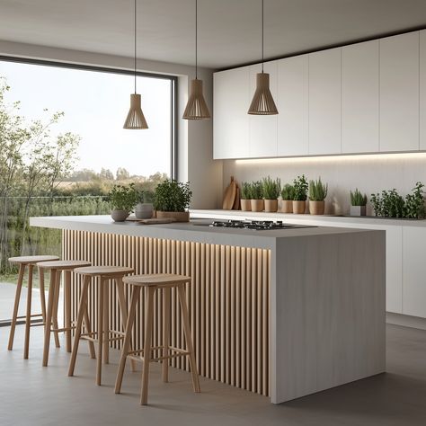 Contemporary Scandi-inspired kitchen concept, where White Oak Nord Slat panels create a light and inviting island feature. Nature outside, beauty inside. 🍃   #scandinaviandiningroom #cozydining #cozyvibes #wallpanels #wallpanelling #interiordesign #modernspace #contemporaryhomedesign #modernhomedecor #walnutwood #NordSlat #WoodSlatWallPanels #DesignInspiration #HomeDecor  #relaxation #quaintmodernroom #homeimprovement #DIY Natural Oak And White Kitchen, Wood Panels In Kitchen, Oak And White Kitchen Modern, Wood Paneling Island, Scandi Kitchen Island, Wood Panels Kitchen Island, Kitchen Fluted Panel, Wooden Slat Kitchen Island, Wood Panelled Kitchen