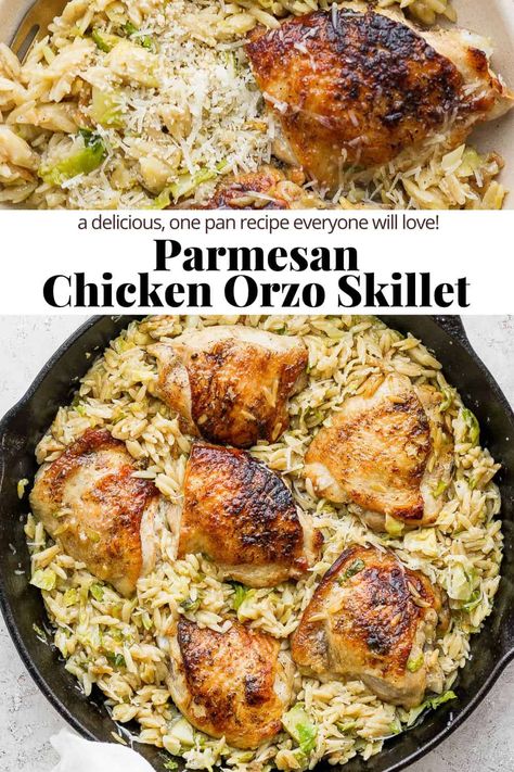 Parmesan Chicken Orzo - a delicious one-pan dinner that is packed with flavor! Made with simple, real ingredients the whole family will love! #chickenorzo #parmesanchickenorzo #parmesanchickenorzorecipes #creamyparmesanrozowithchicken #oneskilletparmesanchickenandorzo Skinnytaste One Pot Chicken And Orzo, Wooden Skillet Recipes, Parmesan Chicken With Orzo, Chicken Orzo One Skillet, Creamy Chicken With Orzo, One Skillet Parmesan Chicken And Orzo, Chicken Thigh Orzo Skillet, Orzo Chicken Skillet, Mediterranean Chicken Parmesan