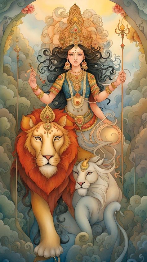 Ma Durga Parvati Goddess Art Paintings, Hindu God Artwork, Durga Goddess Drawing, Durga Goddess Art, Goddess Durga Paintings, Feminine Energy Symbol, Indian Goddess Painting, Durga Maa Art, Indian Goddess Art