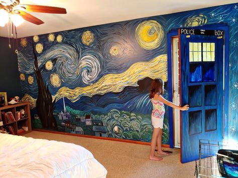 Starry Night Bathroom Ideas, Starry Night Bedroom, Night Mural, Vincent And The Doctor, فنسنت فان جوخ, Starry Night Painting, Arte Van Gogh, Wall Murals Painted, Wall Drawing