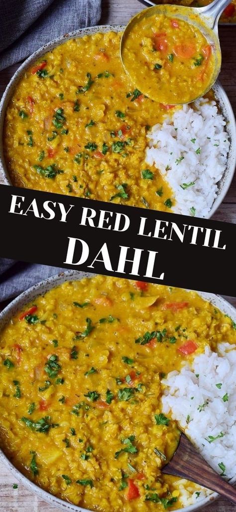 Lentil Daal Vegan, Lentil And Tomato Recipes, Vegan Lentil Recipes Healthy, Lentils Vegetarian Recipes, Vegan Dal Recipe, Red Curry Lentils With Sweet Potatoes, Red Lentil Slow Cooker Recipes, Indian Red Lentil Recipes, Red Lentil Chickpea Curry