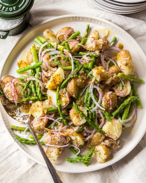 German-Inspired Warm Potato Salad with Asparagus Potato Asparagus Salad, Warm Asparagus Salad, Potato And Asparagus Recipe, Primal Gourmet, Entree Salads, Warm Potato Salad, Baby Potato, Warm Potato Salads, Paleo Side Dishes