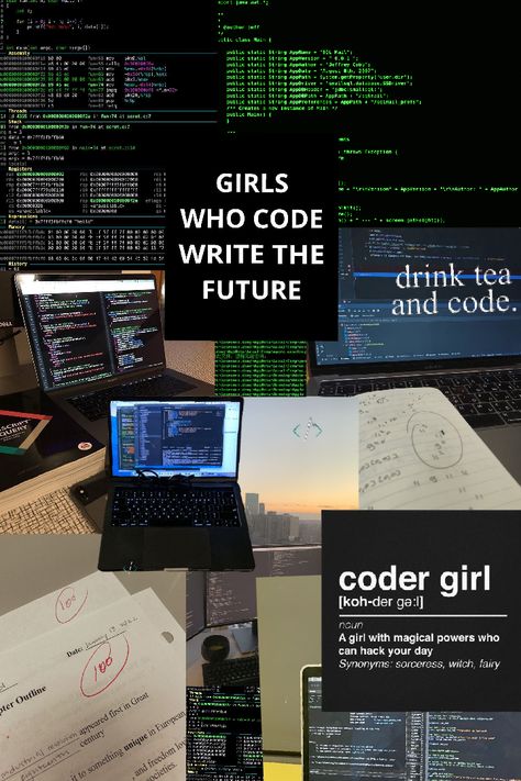 « Girls who code write the future» # coder #informationtechnology #motivation #wallpaper #affirmations #moodboard. #visionboard Software Developer Vision Board, Coder Astethic, Coding Women Aesthetic, Coder Aesthetic Wallpaper, Cute Coding Aesthetic, Computer Science Student Wallpaper, Girl In Tech Aesthetic, Vision Board Computer Science, Programming Vision Board