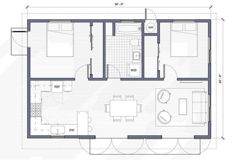 750 sq. ft. 2 Bedroom, 1 Bath Standard ADU Plan for Los Angeles Adu Designs, Adu Plans, 2 Bedroom Floor Plans, Apartment Floor Plan, Accessory Dwelling Unit, Apartment Floor Plans, Tiny House Floor Plans, Apartment Layout, Apartment Plans