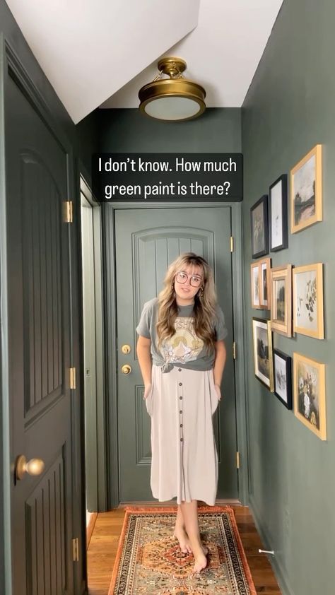 Green paint galore by @olivebranchcottage 💚 ______________ #beforeandafter #home #architectures #design #decoration #architect #homedecor … | Instagram Black Interior Doors Green Walls, Passage Colour Ideas, Green Cabinets Living Room, Small Dark Closet, Tiny Hallway Decor, Dark Green Interior Doors, Green Walls And Trim, Small Dark Hallway Ideas, Green Walls Black Trim