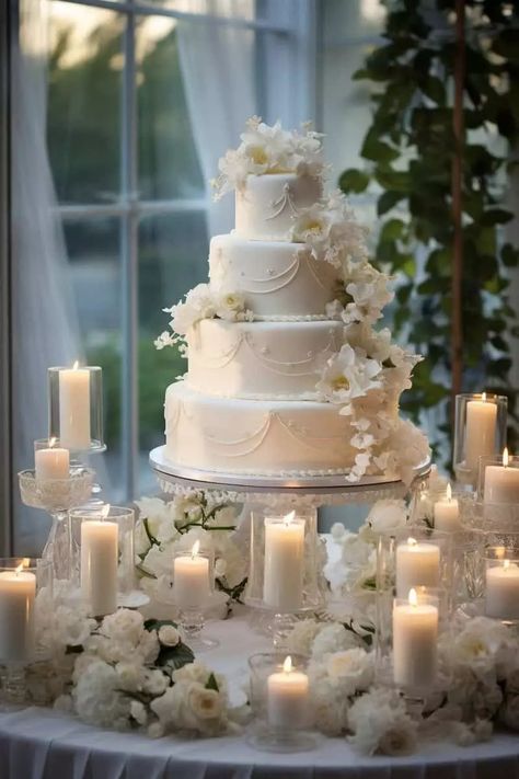 Wedding Cake Table Ideas: Elegant Displays to Sweeten Your Special Day - OMG Hitched Wedding Cake Decorations Table, Elegant Cake Wedding, Table Cake Decoration Ideas Wedding, Wedding Cakes With Flowers Elegant, Dessert Table Ideas Wedding Elegant, Cake Table Wedding Elegant, Wedding Cakes Vintage Elegant, Cakes Wedding Elegant, Wedding Cake With Candles