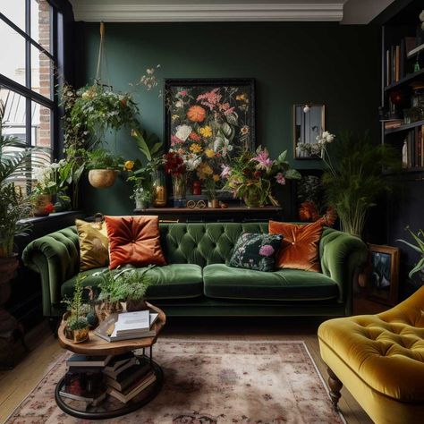 3 Dark Green Sofa Living Room Concepts for a Lush Space • 333+ Images • [ArtFacade] Green Couch Dark Academia, Dark Green Living Room Furniture, Deep Green Velvet Sofa, Goth Green Living Room, Black Living Room Green Sofa, Green Accent Couch, Green Couch Library, Green Walls Green Couch, Green Couch Sitting Room