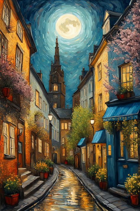 Vintage Spring Cityscapes: Nostalgic Views Old Buildings Paintings, Cityscape Art Painting, City Street Painting, Cityscape Paintings, Night Sky Painting, Simpler Times, Famous Paintings, City Painting, Cityscape Art