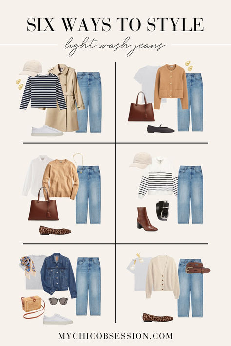 If you’re working on building a capsule wardrobe for spring outfits, you’ll want a pair of light wash jeans. Here are six ways you can style them with other wardrobe staples! Wardrobe Combinations Ideas, Wardrobe Spring 2024, Light Spring Style Outfit Ideas, Spring 2024 Fashion Outfits, 2024 Spring Casual Outfits, Outfit Ideas For Spring 2024, Casual Outfits Spring 2024, What To Wear Spring 2024, Spring 2024 Wardrobe