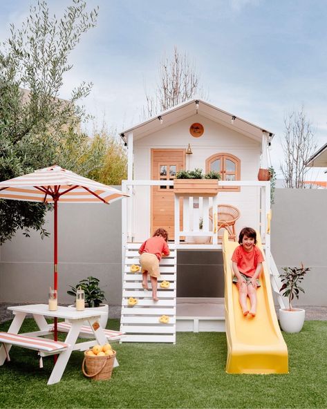 Cubby With Slide, Cubby House With Slide, Outdoor Cubby House, Outdoor Climbing Wall For Kids, Indoor Cubby House, Diy Play House For Kids, Cubby House Ideas Outdoor, Kids Playhouse Outdoors Girls, Outside Kids Play Area