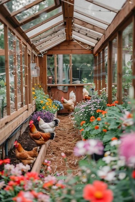 Creative Chicken Run Roof Ideas for Your Flock Chicken Run Greenhouse, Pretty Chicken Run Ideas, Chicken Coop Yard Ideas, Permaculture Chicken Coop, Garden Chicken Run, Chicken Winter Coop, Chicken Coop And Greenhouse Combo, Decorate Chicken Coop, Chicken Farming Ideas