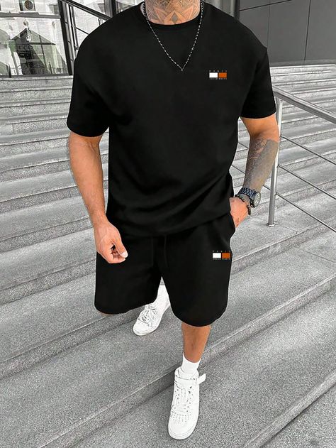 Black Casual Collar   Colorblock,Letter  Embellished Slight Stretch  Men Clothing Summer Fits Men Shorts, Mens Polo Shirt Outfit Casual, Mens Polo Shirt Outfit, Black Outfit Men, Polo Shirt Outfits, Drip Outfit Men, Drawstring Waist Shorts, Boys Summer Outfits, Cool Outfits For Men