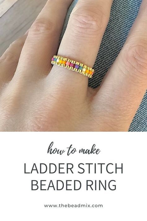 Learn how to make this fun and easy ladder stitch beaded ring made with Miyuki 11/0 Delica Beads. The perfect project for beginners! Use the link to watch the full free beading tutorial and view all the materials you will need. Beaded Ring Tutorial, Free Beading Tutorials, Diy Beaded Rings, Seed Bead Crafts, Bead Weaving Tutorials, Seed Bead Pattern, Beaded Earrings Tutorials, Ring Tutorial, Ladder Stitch