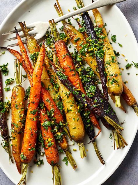 Roasted Carrots With Chimichurri, Colorful Roasted Carrots, Roasted Glazed Carrots Recipe, Roasted Vegetables Thanksgiving Recipe, Carrots Christmas Dinner, Roasted Purple Carrots, Festive Dinner Recipes, Roasted Carrots Recipes, Creative Carrot Recipes