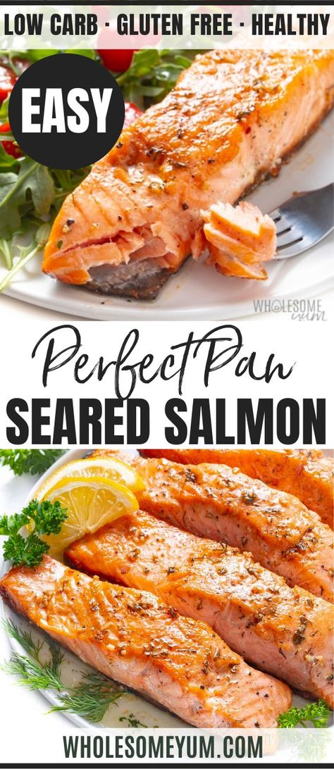 Pan Seared Salmon Plain Salmon Recipe, Salmon In Frying Pan, Pan Fried Salmon Fillet Recipes, Salmon With Skin Recipes Pan Seared, Salmon With Skin On Recipes, Pan Seared Salmon Lemon Butter Sauce, Salmon Recipes Skinless, Pan Frying Salmon, Salmon Seared Recipes