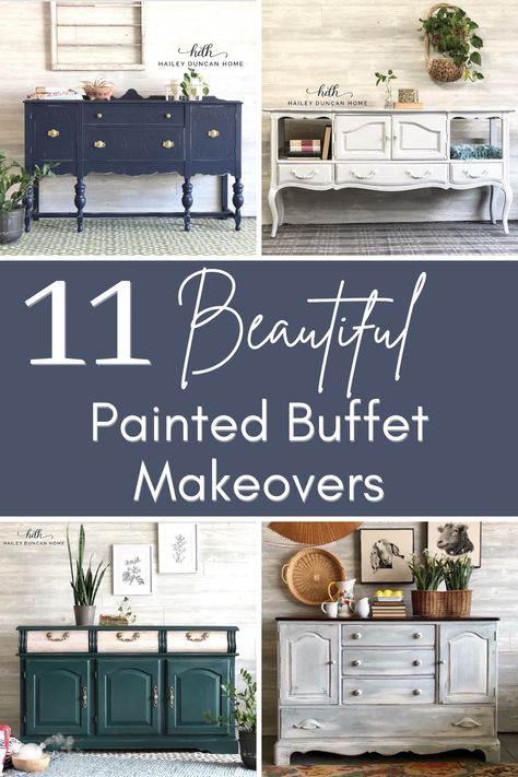 Painted Buffet Ideas, Credenza Makeover, Refinished Buffet, Stained Furniture, Buffet Furniture, Buffet Makeover, Buffet Table Decor, Farmhouse Buffet, Painted Buffet