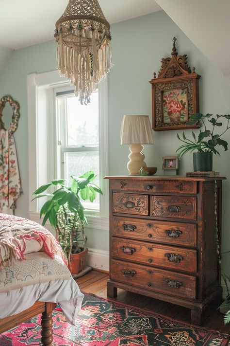 Create a small boho bedroom with vintage charm by mixing antique furniture, retro textiles, and eclectic decor. Add warm lighting and unique accessories to craft a cozy, nostalgic space that feels both stylish and comfortable. #BohoBedroom #VintageCharm #SmallSpaceLiving Small House Eclectic Decor, Bedroom Ideas With Antique Furniture, Vintage Style Room Ideas, Antique Vintage Bedroom, Vintage Small Bedroom Ideas, Vintage Bedroom Ideas Cozy, Boho Retro Bedroom, Boho Christmas Bedroom, Thrifted Bedroom Decor