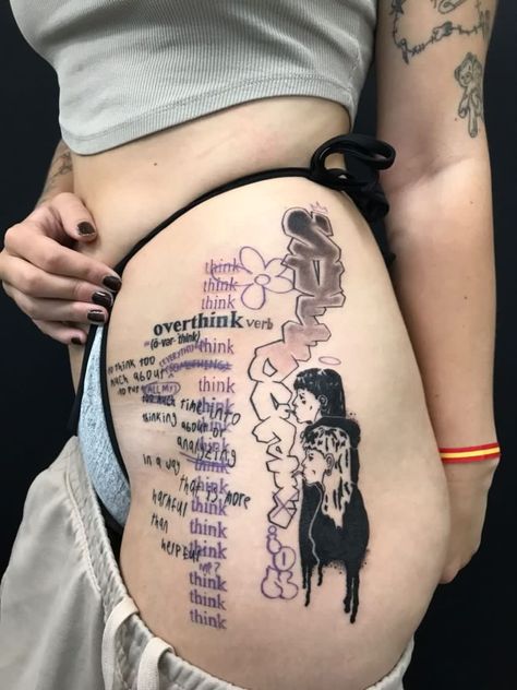 Purple And Black Tattoo, Schizo Tattoos, Black And Purple Tattoos, Unhinged Tattoos, Loud Tattoo, Hip Tattoo Text, Graffiti Style Tattoo, Insomnia Tattoo, Anti Tattoo