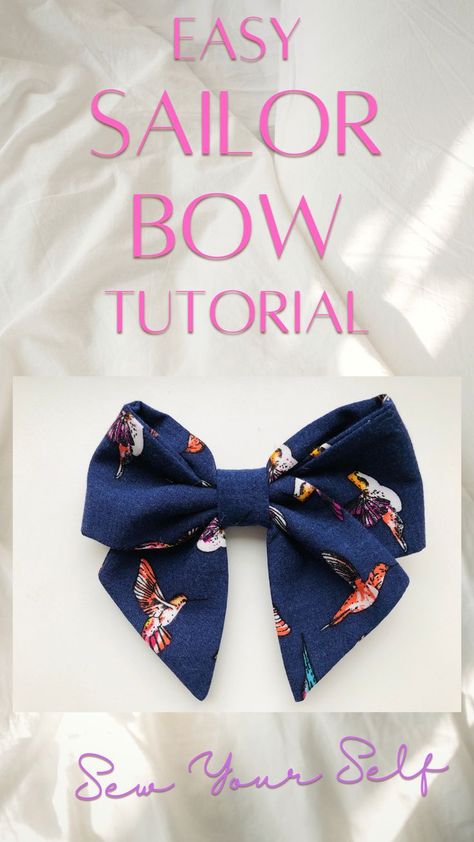 How To Make Cloth Hair Bows, How To Make A Hair Bow With Ribbon Easy, How To Sew Fabric Bows, Sailor Bows Diy, No Sew Sailor Bow Diy, Cotton Fabric Bows Diy, Bows Out Of Fabric, Sailor Hair Bow Tutorial, Hair Bows Sewing