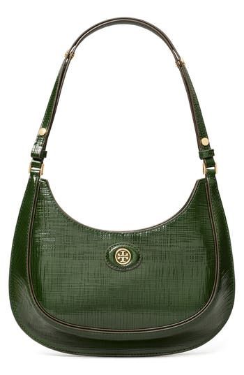 Signature logo hardware and textured leather distinguish a crescent-shaped bag fitted with an adjustable shoulder strap for a customized fit. Magnetic closure Adjustable shoulder strap Interior wall pocket Lined Leather Imported Tory Burch Ella, Crescent Bag, Tory Burch Robinson, Green Purse, Fancy Bags, Crochet Tote, Pretty Bags, Cute Purses, Cute Bags