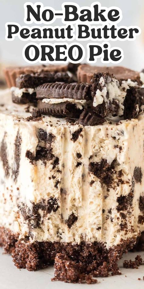 This heavenly no bake Oreo peanut butter pie has a chocolate Oreo crust and creamy peanut butter and Oreo filling. Served frozen, it's an easy dessert packed with chocolate and peanut butter flavor. #nobakedessert #nobakepie #oreodessert #peanutbutter No Bake Chocolate Peanut Butter Oreo Dessert, No Bake Oreo Crust Recipe, Oreo Reeses Dessert, Oreo Peanutbutter Dessert, Oreo Dessert Recipes Easy No Bake, Oreo Peanut Butter Cookie Dough Cheesecake, Peanut Butter Ice Cream Dessert, Peanut Butter And Chocolate Pie, Oreo Pie Crust Recipe No Bake