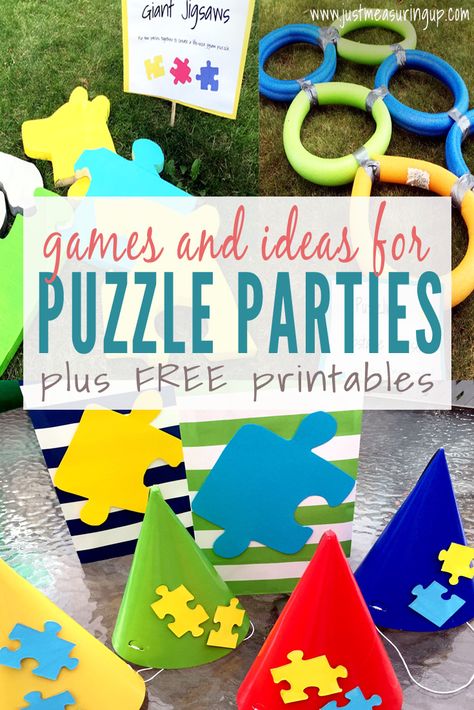 How to Throw an Amazing Puzzle Party - Games, Activities, Ideas, and FREE printables Puzzle Party Decorations, Puzzle Themed Birthday Party, Puzzle Piece Adoption Party Ideas, Puzzle Decor Ideas, Puzzle Party Ideas, Puzzle Theme Party, Puzzle Theme, Adoption Ideas, Party Ideas Games