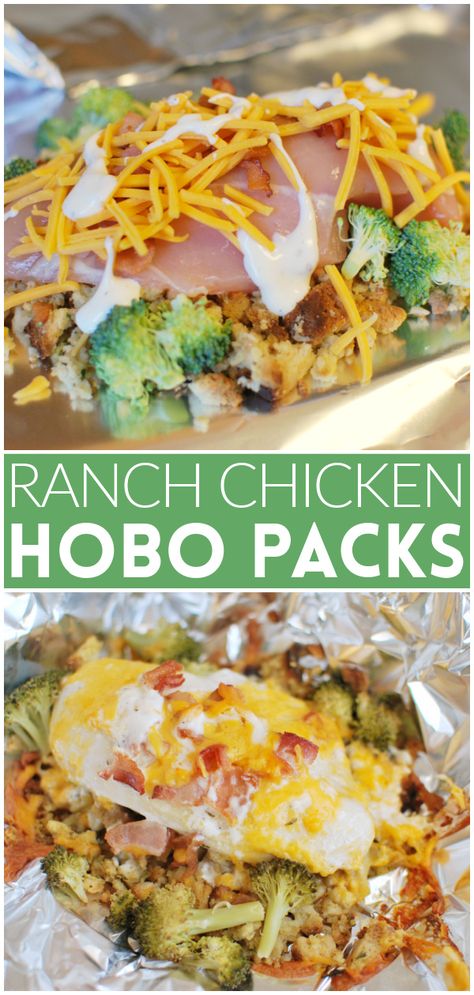 Cheesy Chicken Hobo Packs - stuffing, chicken, broccoli, bacon, and cheese all layered and cooked in foil packets. They can be grilled or baked! Easiest dinner ever. Taco Foil Packs, Chicken And Veggie Foil Packets, Easy Foil Dinners, Foil Pack Dinner Ideas, Chicken Stuffing Foil Packets, Grilled Chicken Foil Pack Recipes, Foil Chicken Recipes, Chicken Campfire Foil Packets, Hobo Chicken Foil Packs