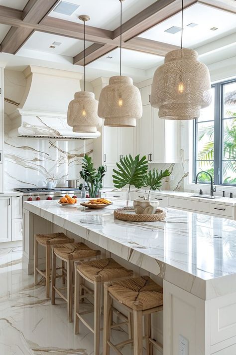 Beachy Kitchens, Modern Coastal Kitchen, Coastal Farmhouse Kitchen, Wicker Bar Stools, Coastal Kitchen Design, Coastal Kitchen Decor, Wooden Countertops, Preppy Kitchen, Beach Kitchens