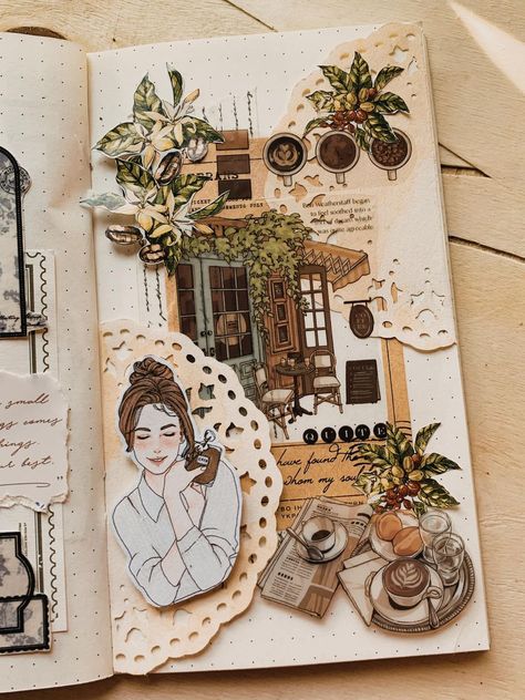 Journalsay - Scrapbook & Junk Journal Share & Spreads Art journaling | A coffee-themed journal: join me for a sip of creativity and journal our way through the aroma of imagination 🍃 Photo Collage Journal Ideas, Junk Journal Ideas Aesthetic, Coffee Journal Aesthetic, Coffee Junk Journal, Book Journal Collage, Art Journal Layout, Kawaii Junk Journal, Coffee Scrapbook Ideas, Coffee Journal Ideas