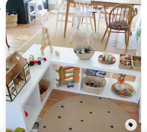 Playspace in dining room Playroom Instead Of Dining Room, Living Room Playroom Divider, Dining Room / Playroom, Play Space In Dining Room, Playroom In Formal Dining, Small Family Playroom Combo, Dining Room Toy Room, Divided Playroom, Toy Storage In Dining Room