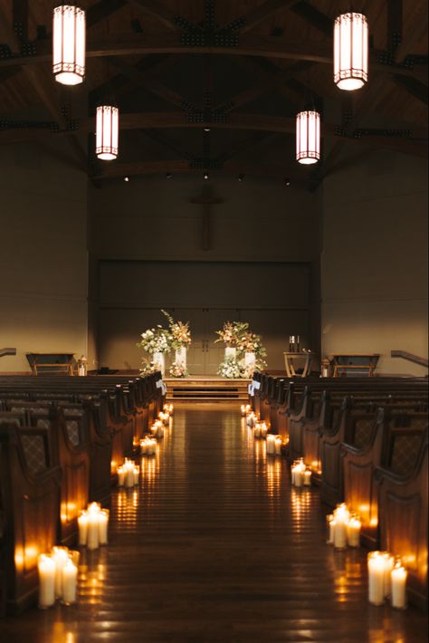 #wedding #flowers #florals #weddingflowers #whimsical #weddingday #weddingdress #weddingchapel Wedding Aisle And Altar, Candles In Wedding Aisle, Wedding Aisle Decorations Chapel, Winter Chapel Wedding, Romantic Candle Light Wedding, Wedding Altar Ideas Church, Wedding Grand Entrance Ideas, Southern Church Wedding, Wedding Chapel Flowers