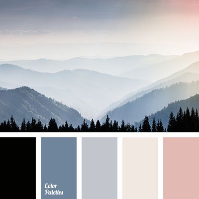 black, black and pink, blue and pink, Blue Color Palettes, color of fog in the mountains, dairy color, dawn colors, fog color, gray with a shade of blue, grey blue, pink, tender pink. Blue And Gray Color Scheme, Grey And Blue Color Palette, Blue Pink Color Palette, Color Scheme With Black, Dairy Ideas, Blue Gray Bedroom, Palettes Color, Bedroom Grey, Color Palette Ideas