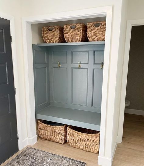 Entryway Closet Into Mudroom, Entry Closet No Doors, Diy Closet Into Mudroom, Open Entry Closet Ideas, Closet Converted To Mudroom, Open Coat Closet Entryway, Mini Mudroom Entryway, Benjamin Moore Templeton Gray, Convert Closet To Mudroom