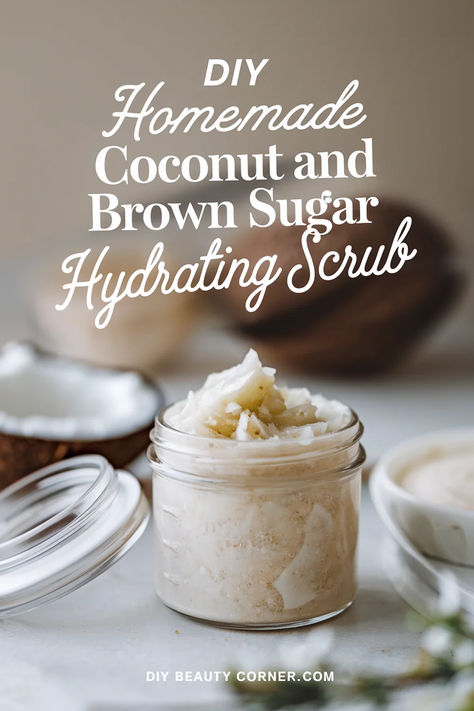 DIY Coconut & Brown Sugar Hydrating Body Scrub Diy Creamy Body Scrub, Home Made Exfoliating Scrub Skin, Things To Make With Coconut Oil Diy, Natural Body Exfoliator, Hydrating Body Scrub Diy, Exfoliating Body Scrub Diy Recipes Coconut Oil, Body Scrub Gift Ideas, Diy Hand Scrub With Coconut Oil, Orange Body Scrub Diy