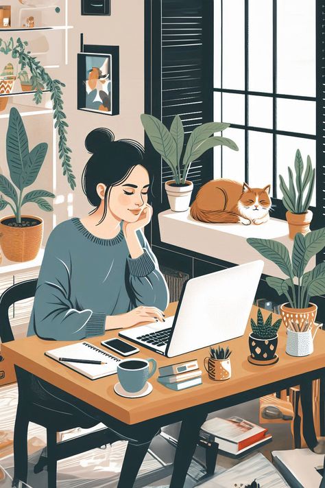 The illustration shows a woman working at home and sitting at the table Studying Aesthetic Drawing, Work Aesthetic Illustration, Fitness Illustration Art, Home Office Aesthetic Woman, Study Aesthetic Illustration, Working Women Aesthetic, Work At Home Aesthetic, Self Care Painting, Study Table Drawing