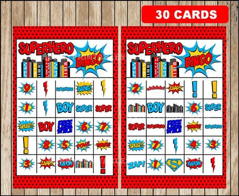 Printable 30 Superhero Bingo game; printable Super Hero Bingo cards, Superhero party Bingo instant download Free Super Hero Printables, Superhero Birthday Party Printables Free, Free Superhero Printables Templates, Superhero Bingo Free Printable, Superhero Bingo, Sports Cupcake Toppers, Marvel Comics Superheroes Card Game, Superhero Cupcake Toppers, Hero Crafts