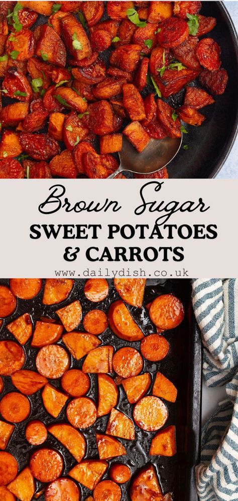 Roasted Sweet Potatoes And Carrots With Brown Sugar Roasted Sweet Potatoes And Carrots, Thanksgiving Carrot Recipe, Carrots With Brown Sugar, Sweet Potatoes And Carrots, Brown Sugar Sweet Potatoes, Brown Sugar Carrots, Carrots Roasted, Sweet Potato Carrot, Carrot Dishes